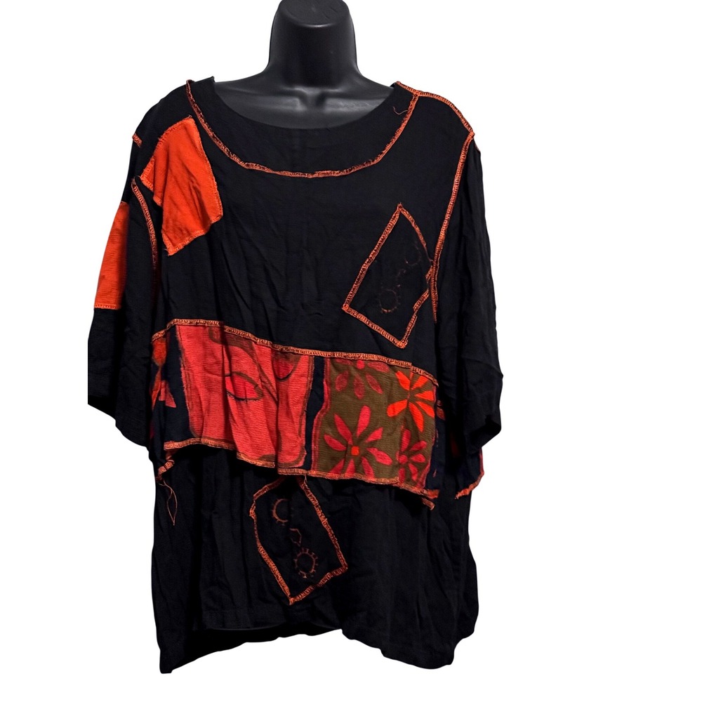 BOP Womens 2X Patchwork Tunic Top Black Orange Floral Boho Artsy Rayon Plus Size